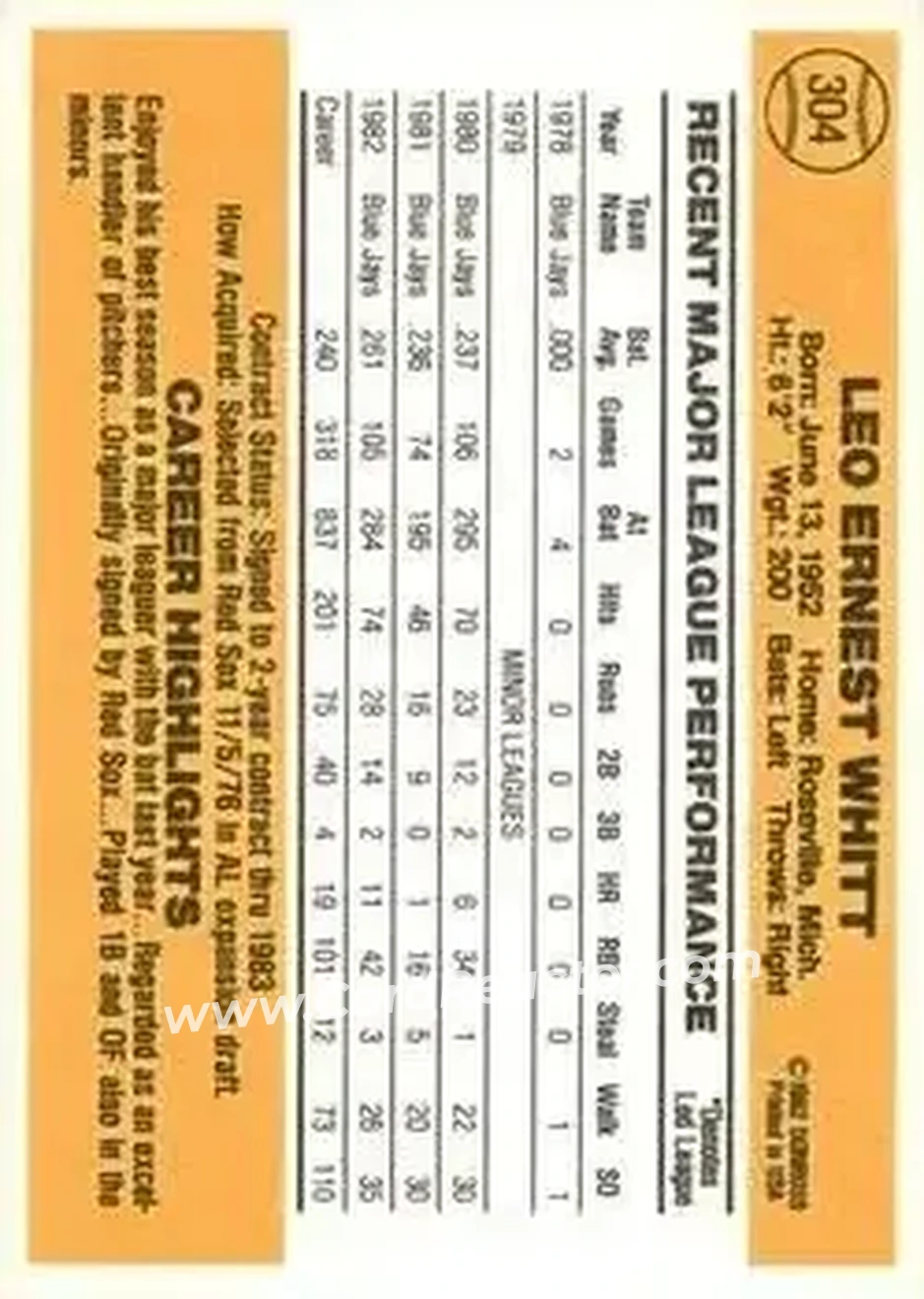 1983 Donruss #304 - Ernie Whitt - Toronto Blue Jays - Back 1983 Donruss #304 - Ernie Whitt - Toronto Blue Jays - Back