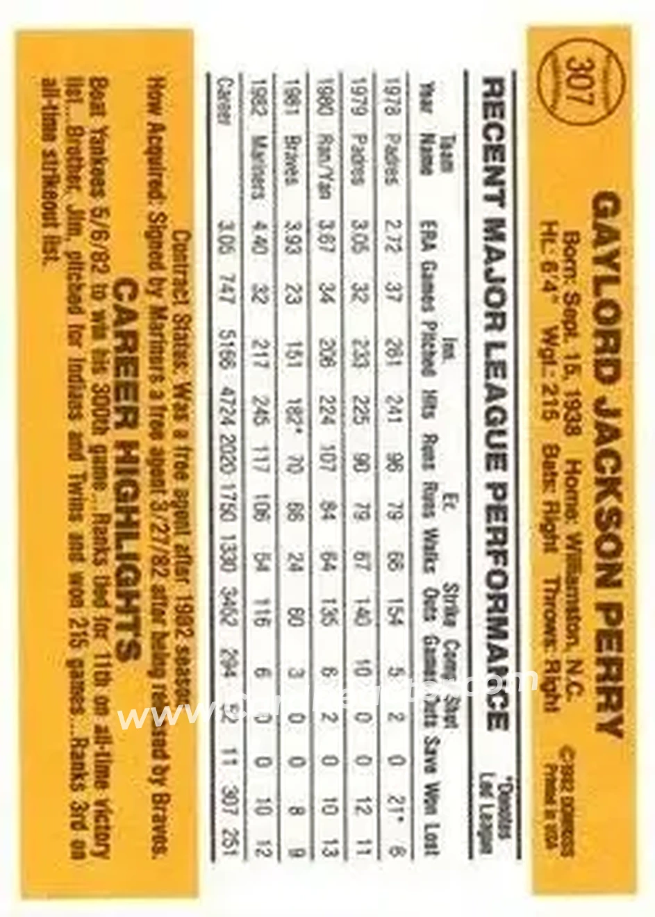 1983 Donruss #307 - Gaylord Perry - Seattle Mariners - Back