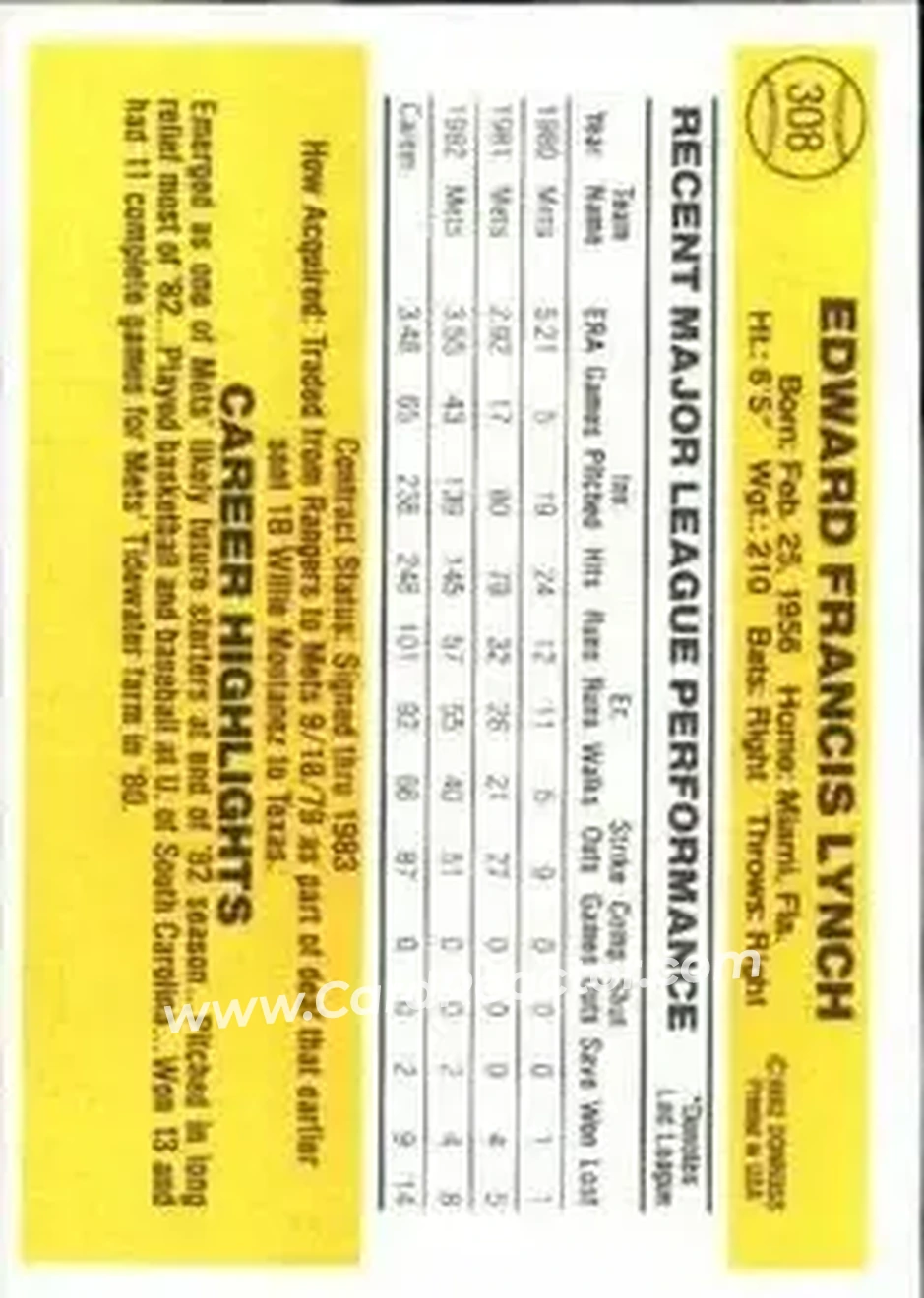 1983 Donruss #308 - Ed Lynch - New York Mets - Back