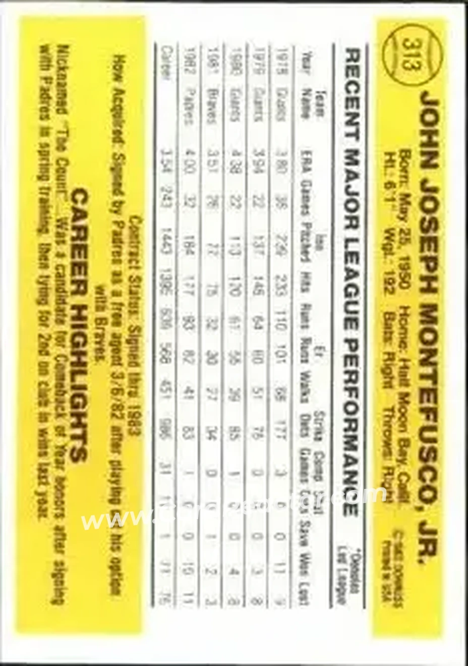 1983 Donruss #313 - John Montefusco - San Diego Padres - Back 1983 Donruss #313 - John Montefusco - San Diego Padres - Back