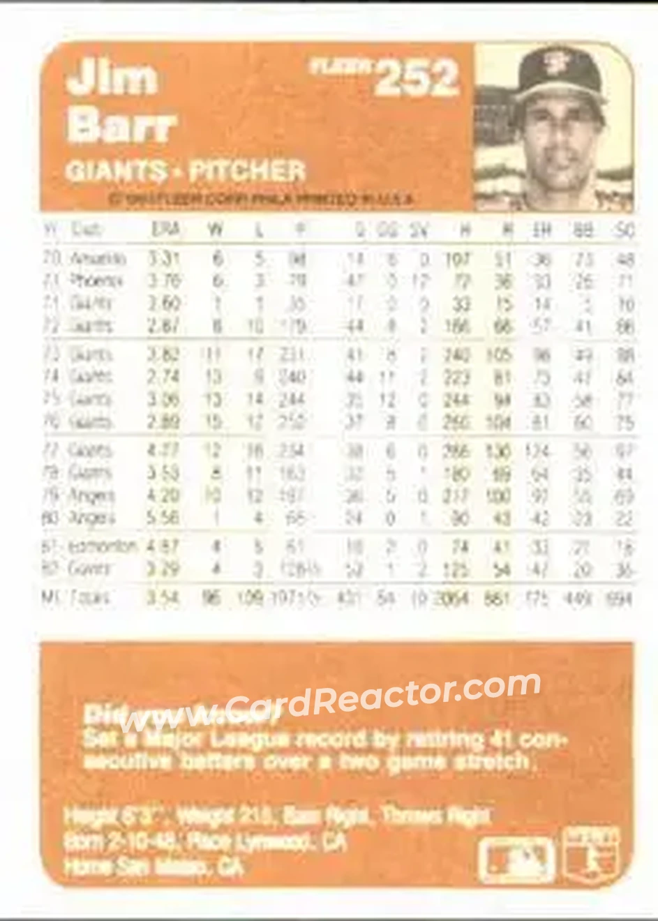 1983 Fleer #252 - Jim Barr - San Francisco Giants - Back