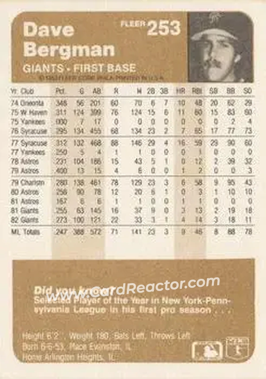 1983 Fleer #253 - Dave Bergman - San Francisco Giants - Back