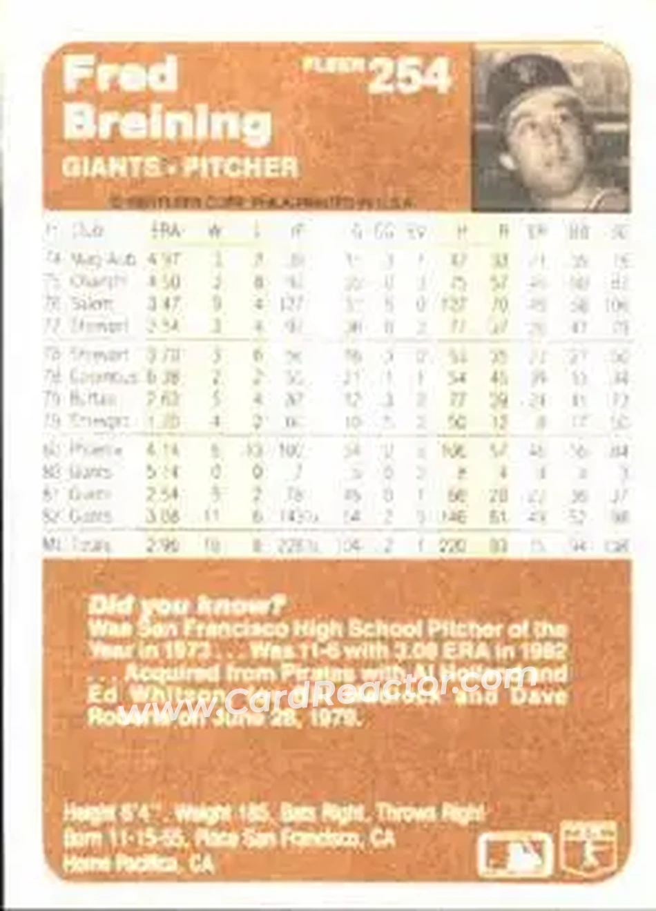 1983 Fleer #254 - Fred Breining - San Francisco Giants - Back