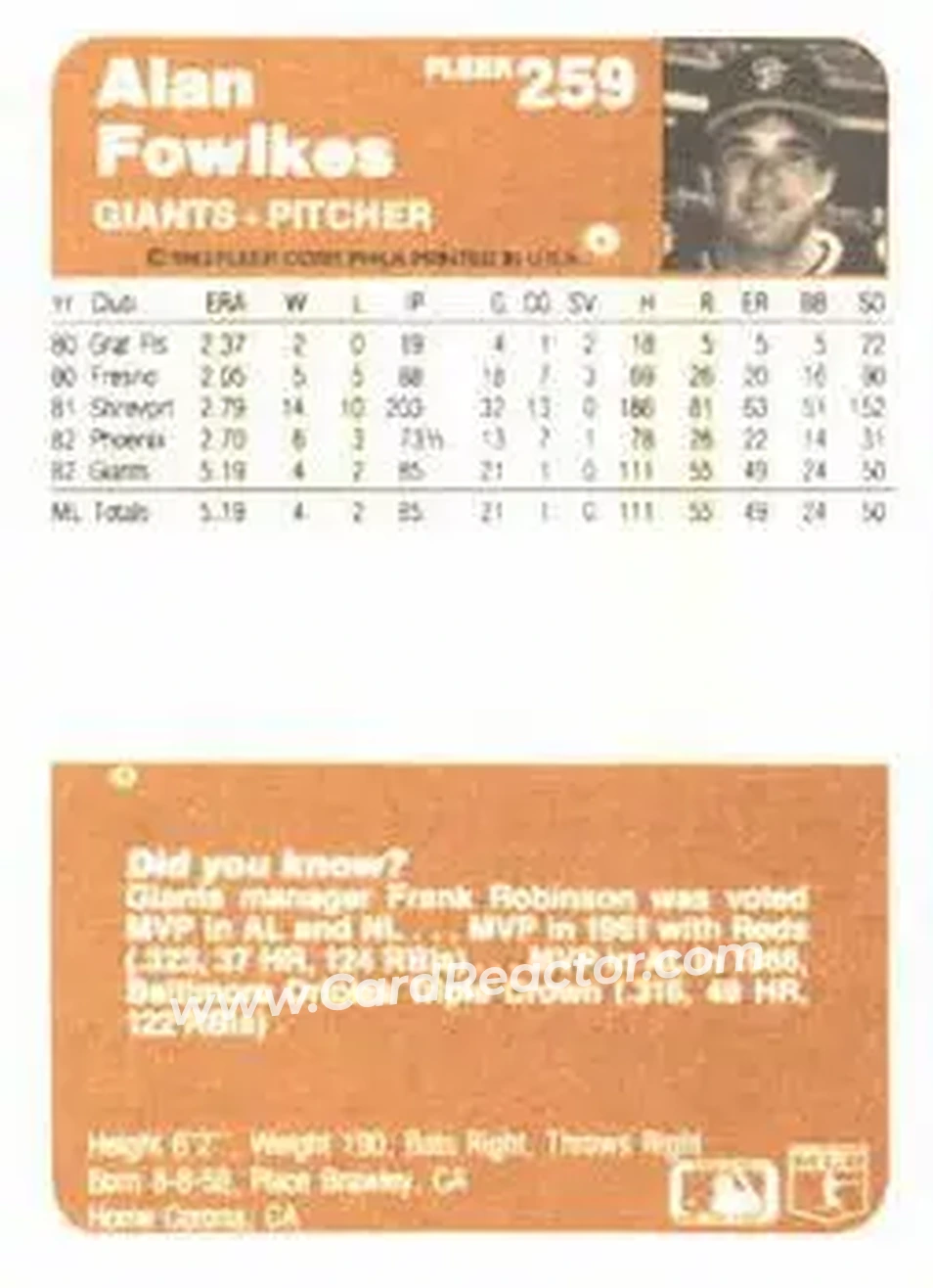 1983 Fleer #259 - Alan Fowlkes - San Francisco Giants - Back 1983 Fleer #259 - Alan Fowlkes - San Francisco Giants - Back