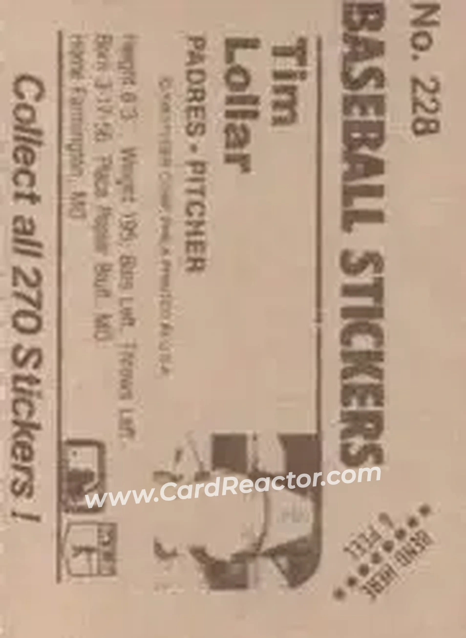 1983 Fleer Star Stickers #228 - Tim Lollar - San Diego Padres - Back 1983 Fleer Star Stickers #228 - Tim Lollar - San Diego Padres - Back