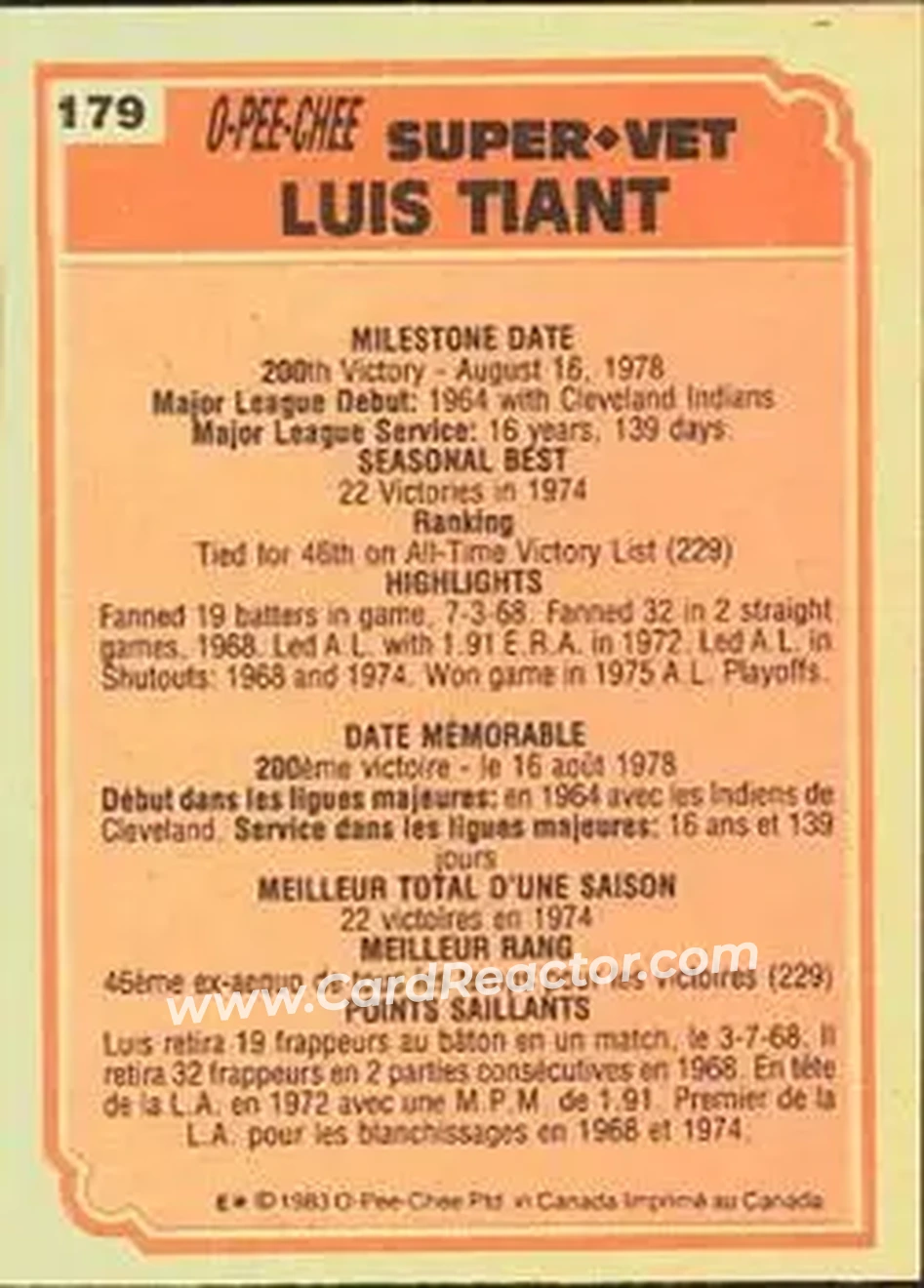 1983 O-Pee-Chee #179 - Luis Tiant - Back