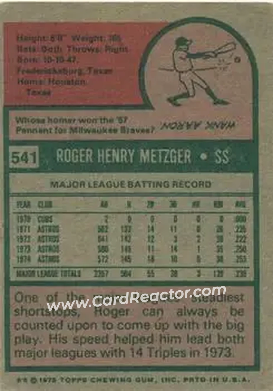 1975 Topps #541 - Roger Metzger - Houston Astros - Back