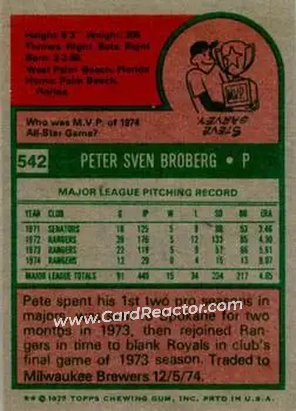 1975 Topps #542 - Pete Broberg - Texas Rangers - Back