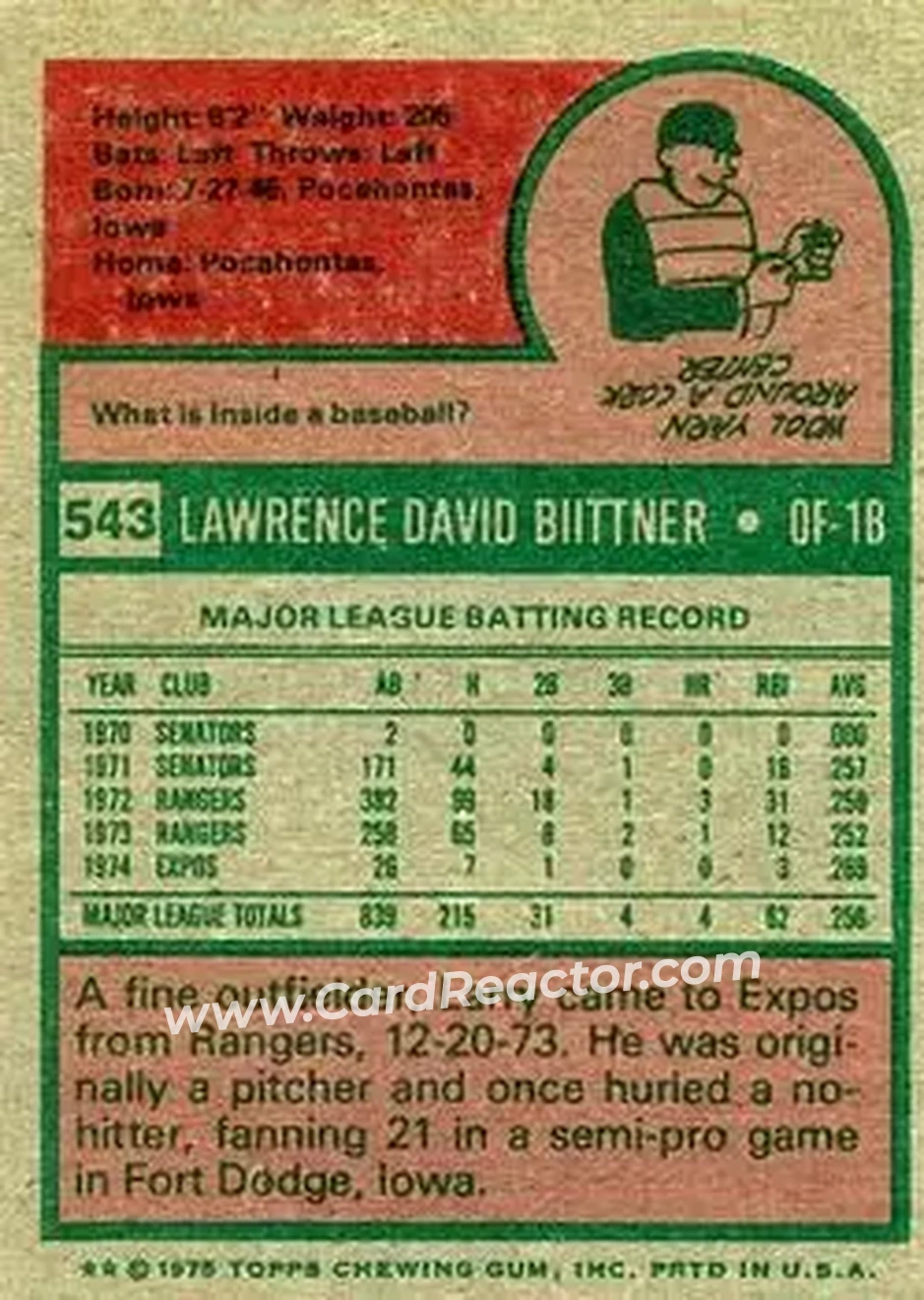 1975 Topps #543 - Larry Biittner - Montreal Expos - Back