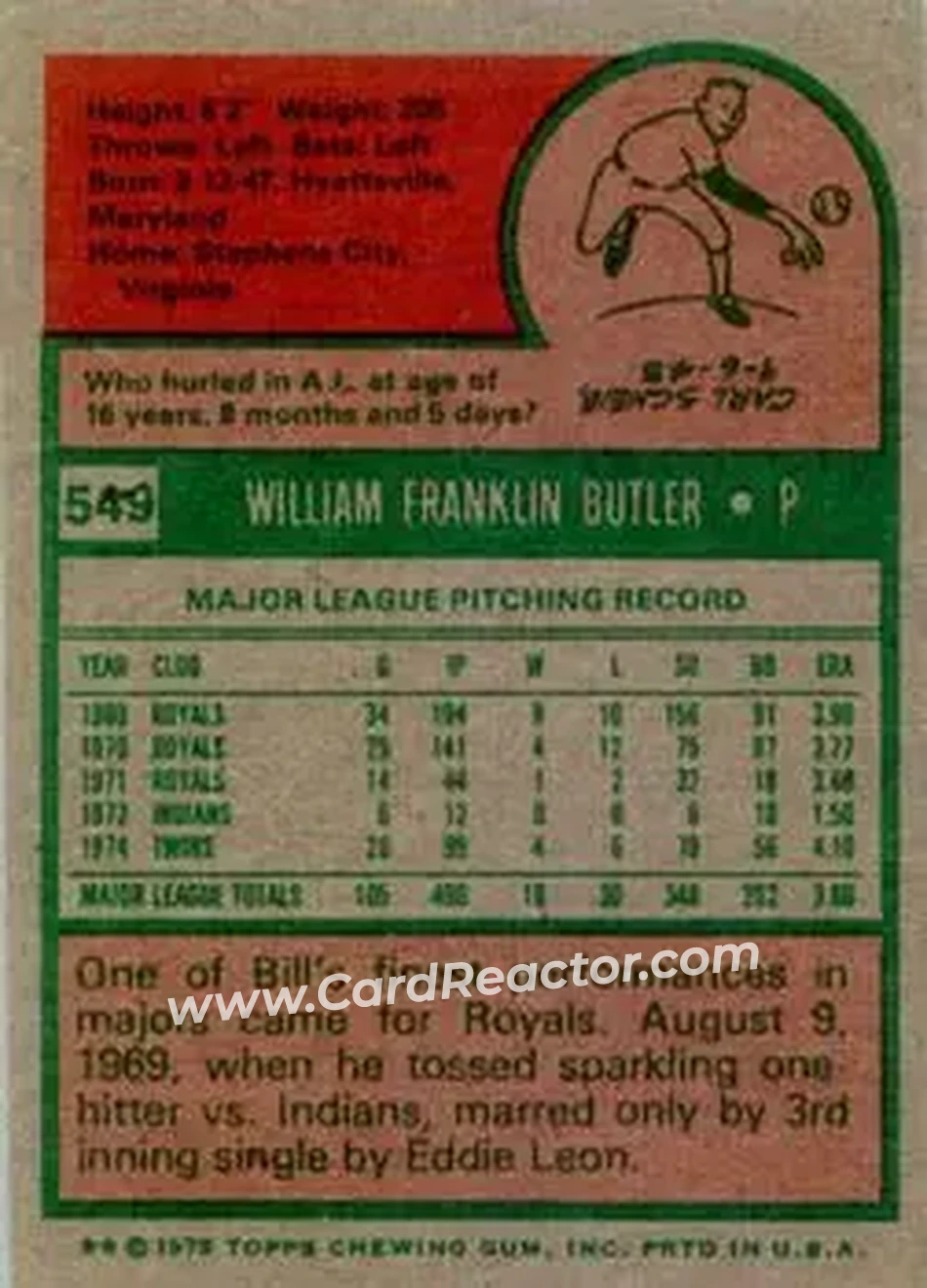 1975 Topps #549 - Bill Butler - Minnesota Twins - Back
