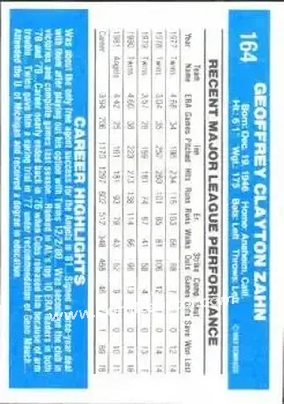 1982 Donruss #164 - Geoff Zahn - California Angels - Back