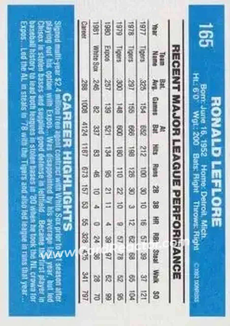 1982 Donruss #165 - Ron LeFlore - Chicago White Sox - Back 1982 Donruss #165 - Ron LeFlore - Chicago White Sox - Back