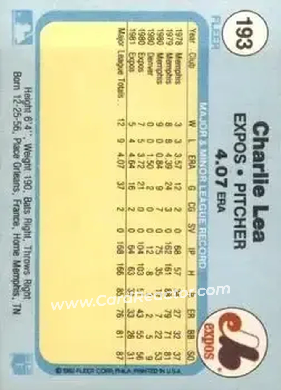 1982 Fleer #193 - Charlie Lea - Montreal Expos - Back 1982 Fleer #193 - Charlie Lea - Montreal Expos - Back
