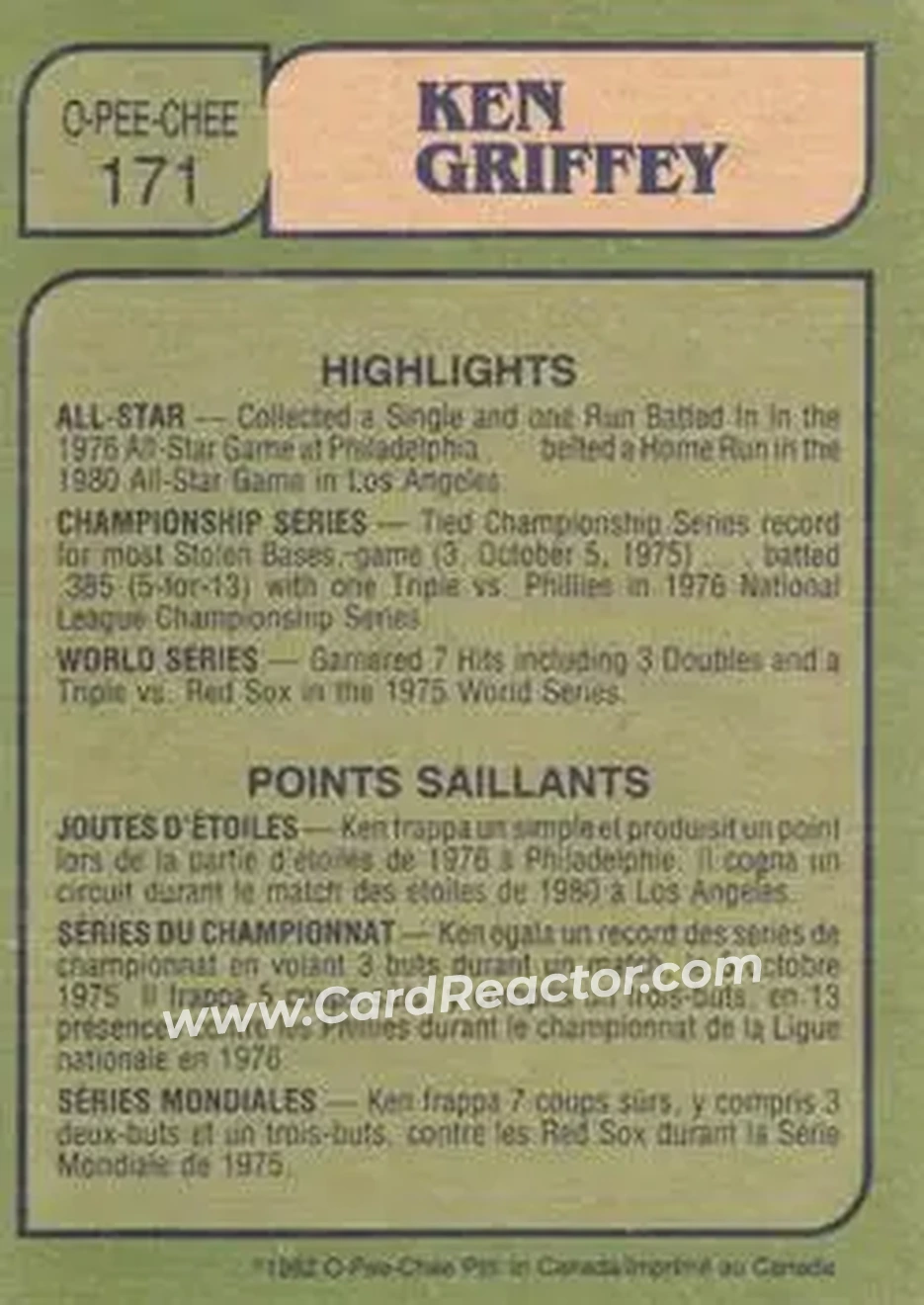 1982 O-Pee-Chee #171 - Ken Griffey - New York Yankees - Back