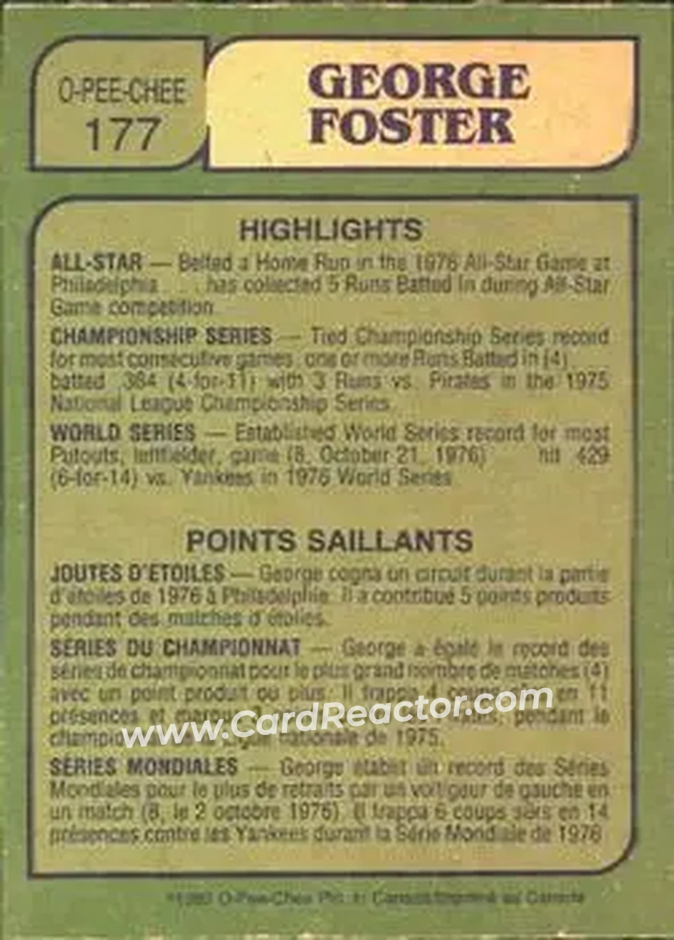 1982 O-Pee-Chee #177 - George Foster - New York Mets - Back