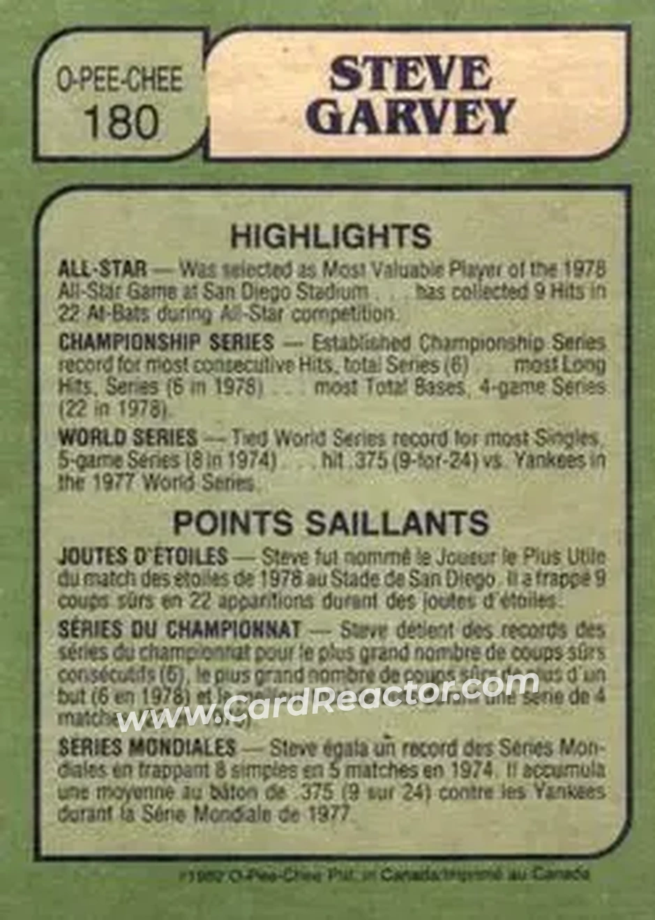 1982 O-Pee-Chee #180 - Steve Garvey - Los Angeles Dodgers - Back 1982 O-Pee-Chee #180 - Steve Garvey - Los Angeles Dodgers - Back