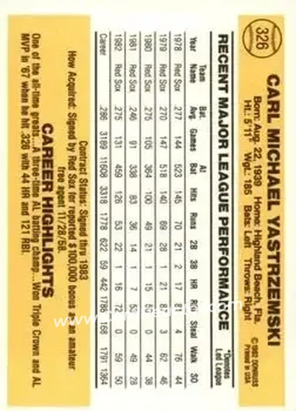 1983 Donruss #326 - Carl Yastrzemski - Boston Red Sox - Back