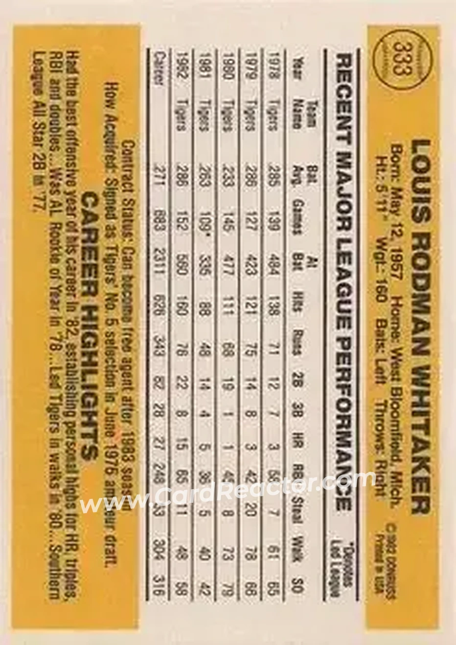 1983 Donruss #333 - Lou Whitaker - Detroit Tigers - Back