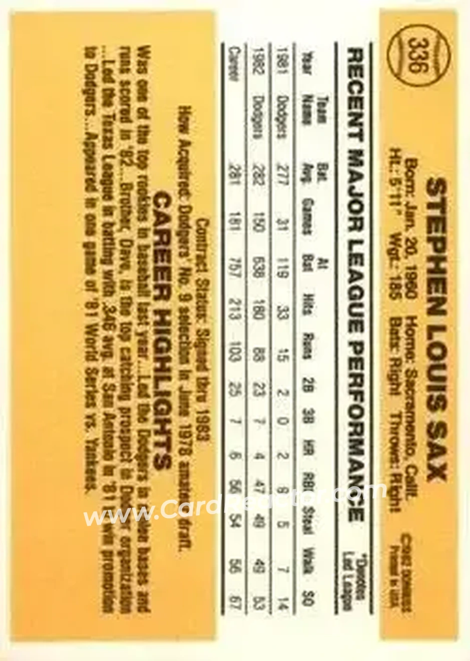 1983 Donruss #336 - Steve Sax - Los Angeles Dodgers - Back