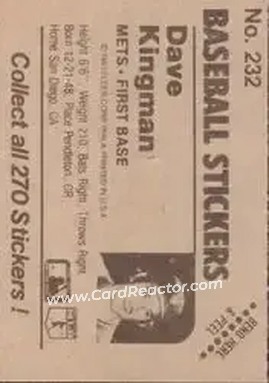 1983 Fleer Star Stickers #232 - Dave Kingman - New York Mets - Back