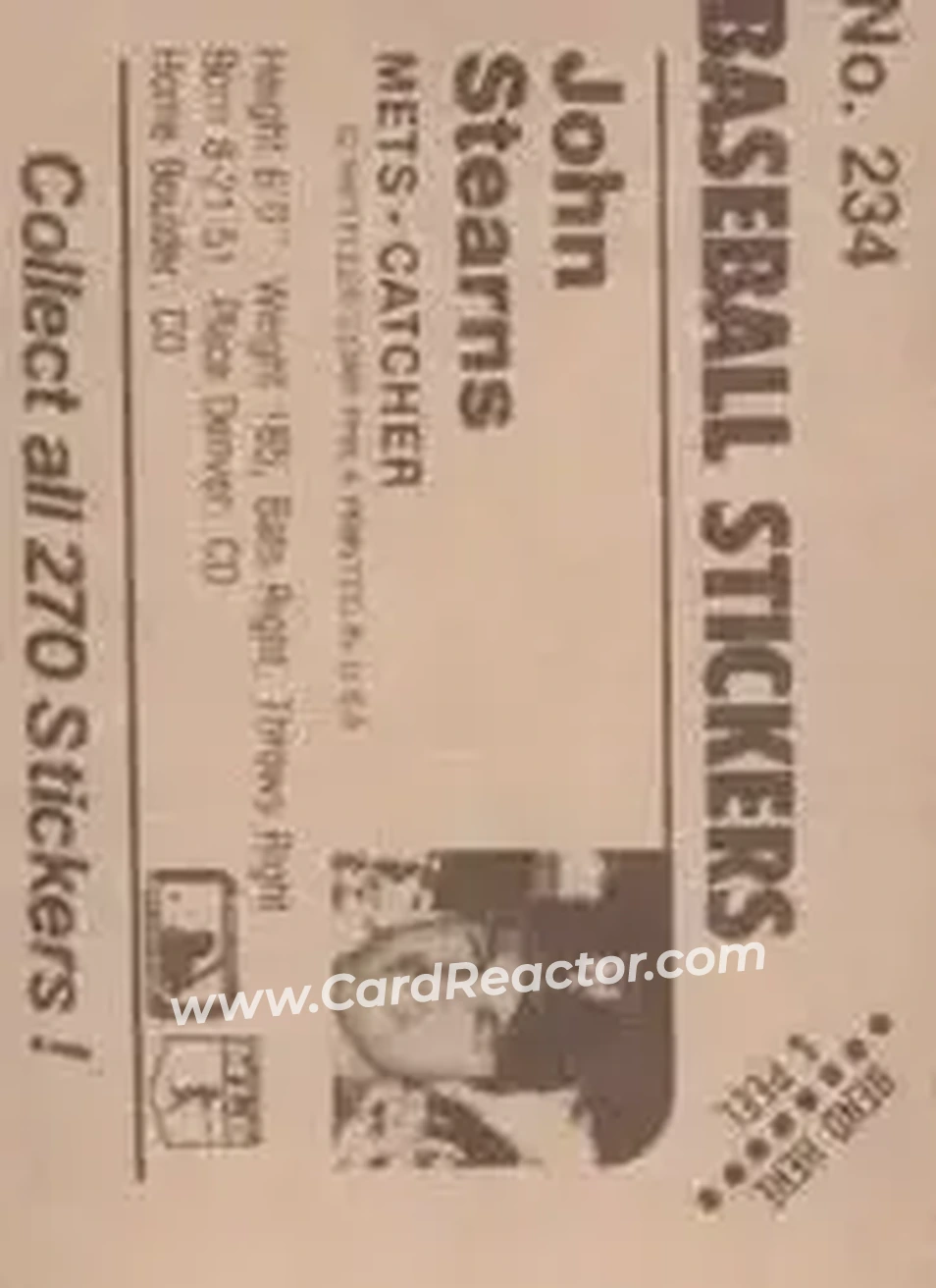 1983 Fleer Star Stickers #234 - John Stearns - New York Mets - Back 1983 Fleer Star Stickers #234 - John Stearns - New York Mets - Back