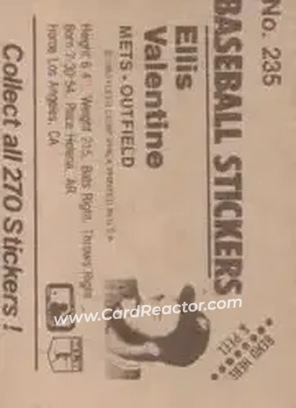1983 Fleer Star Stickers #235 - Ellis Valentine - New York Mets - Back