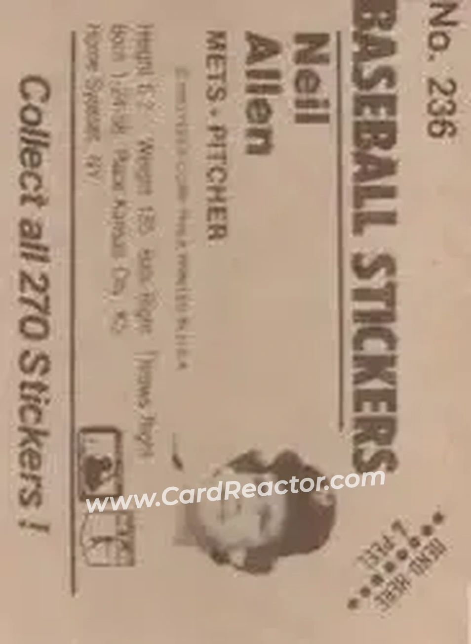 1983 Fleer Star Stickers #236 - Neil Allen - New York Mets - Back