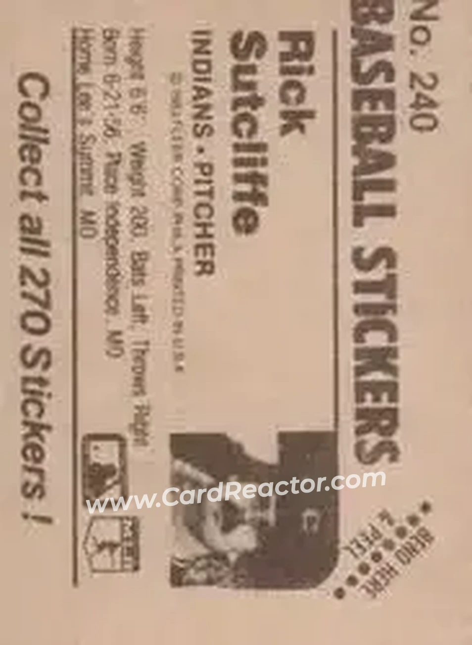 1983 Fleer Star Stickers #240 - Rick Sutcliffe - Cleveland Indians - Back