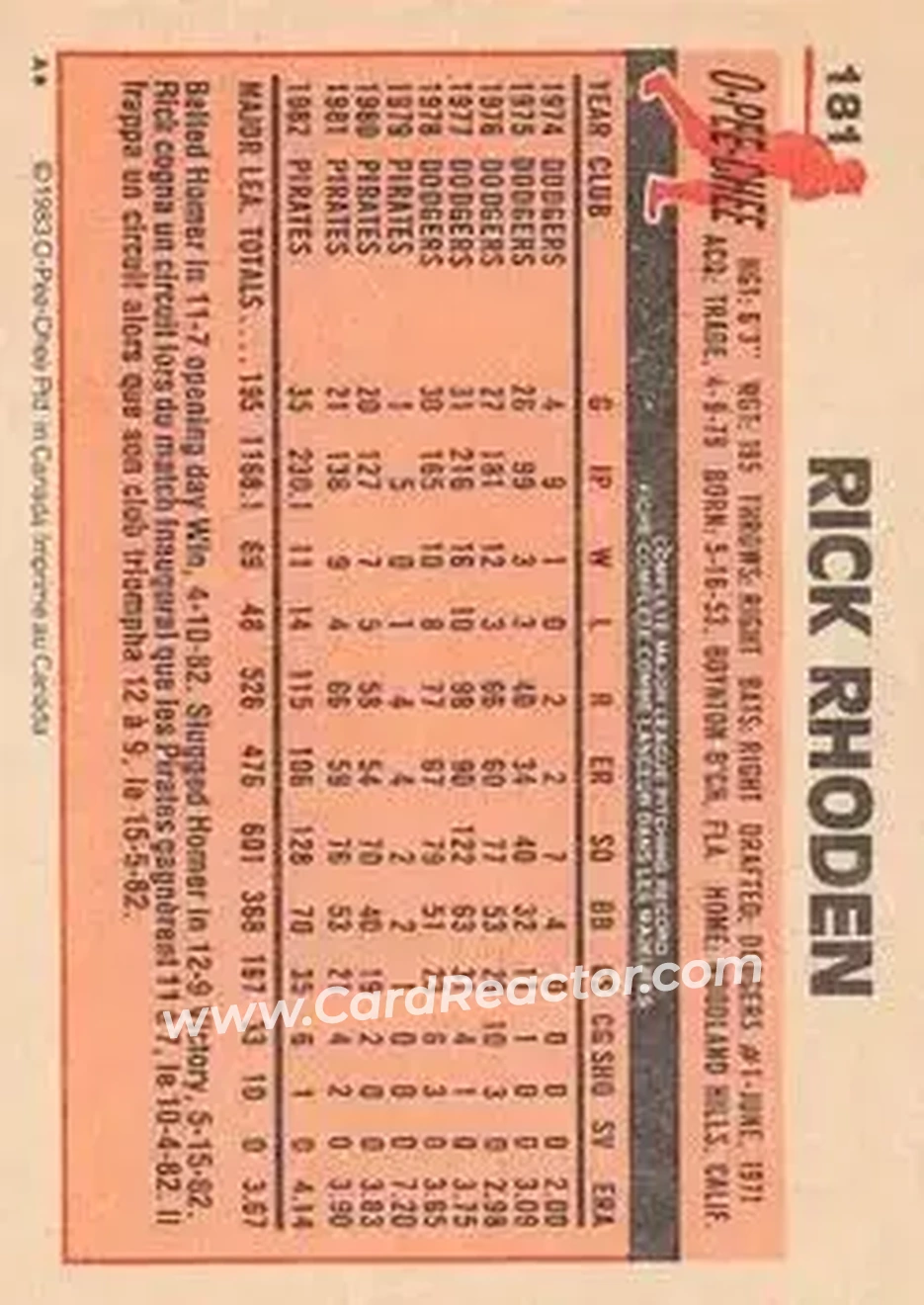 1983 O-Pee-Chee #181 - Rick Rhoden - Pittsburgh Pirates - Back 1983 O-Pee-Chee #181 - Rick Rhoden - Pittsburgh Pirates - Back