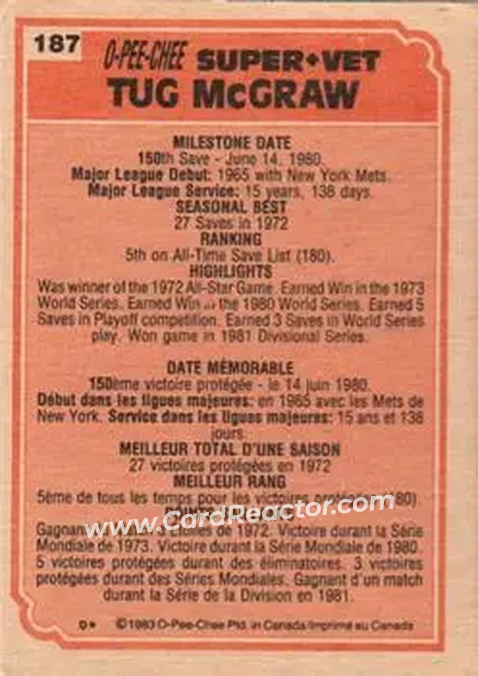 1983 O-Pee-Chee #187 - Tug McGraw - Back