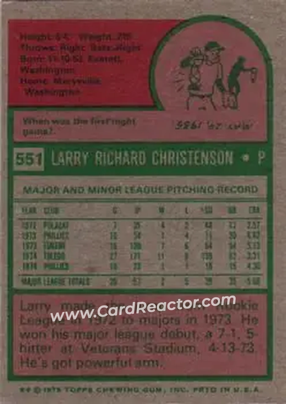 1975 Topps #551 - Larry Christenson - Philadelphia Phillies - Back