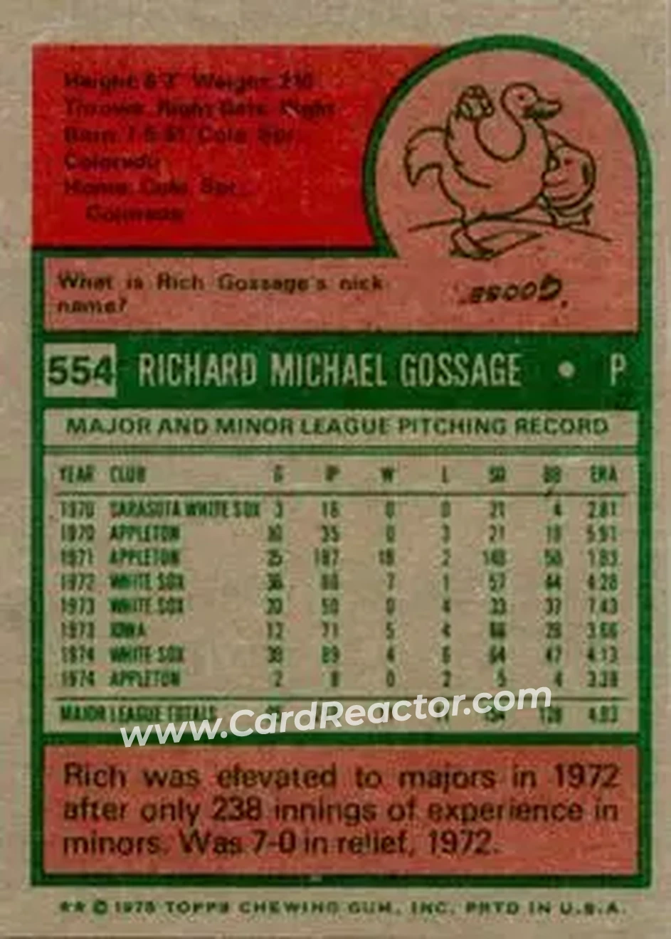1975 Topps #554 - Rich Gossage - Chicago White Sox - Back