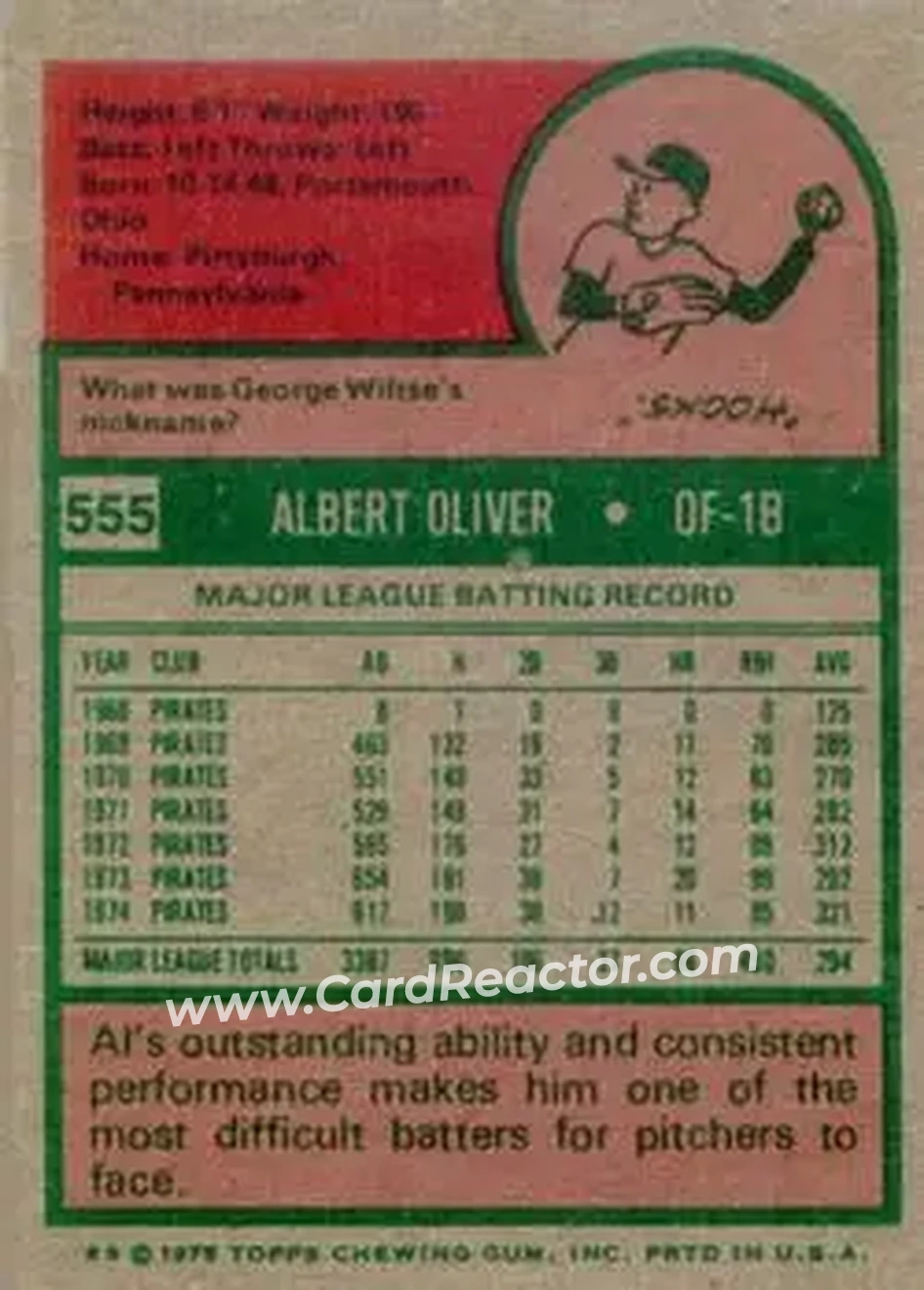 1975 Topps #555 - Al Oliver - Pittsburgh Pirates - Back