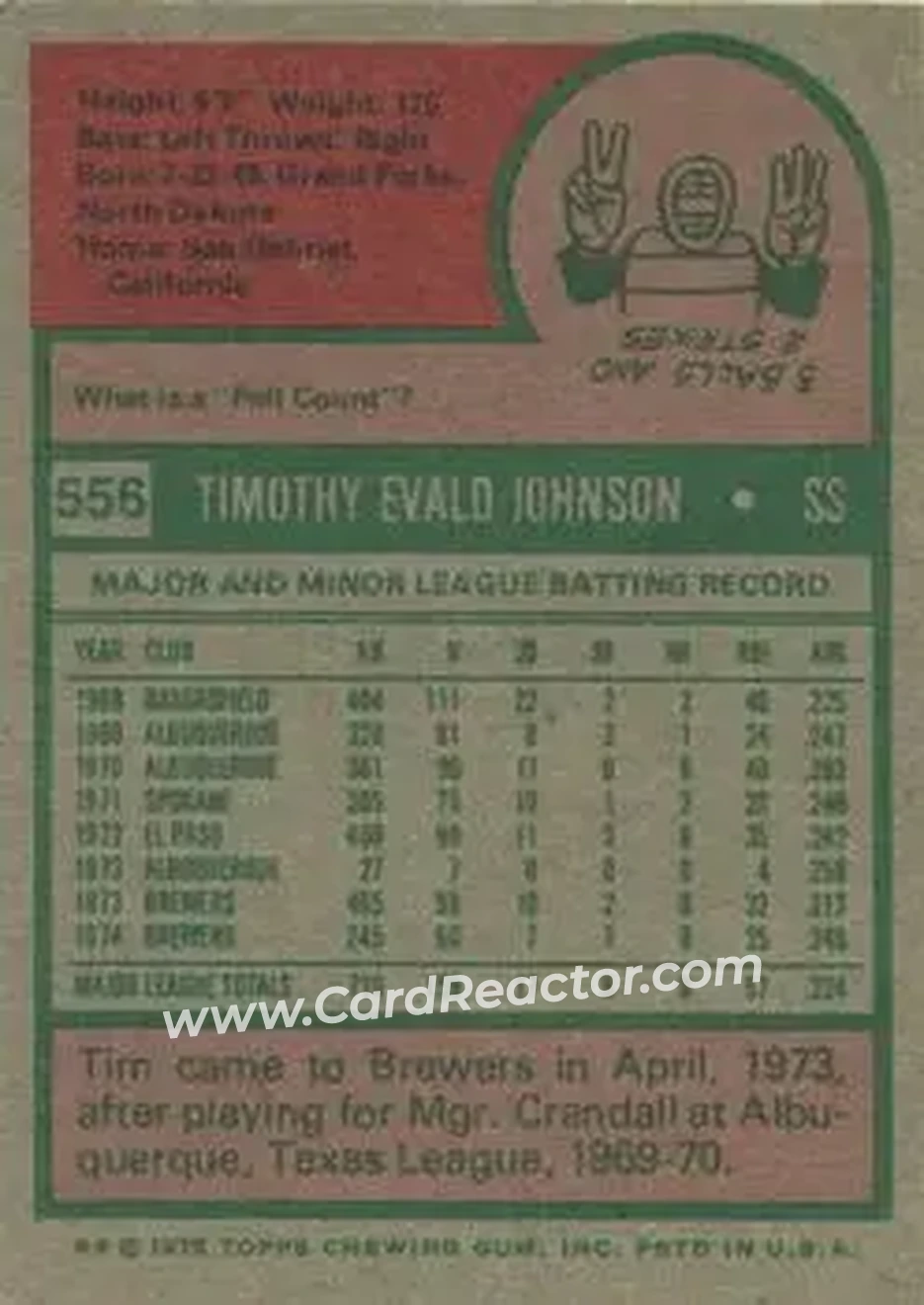 1975 Topps #556 - Tim Johnson - Milwaukee Brewers - Back