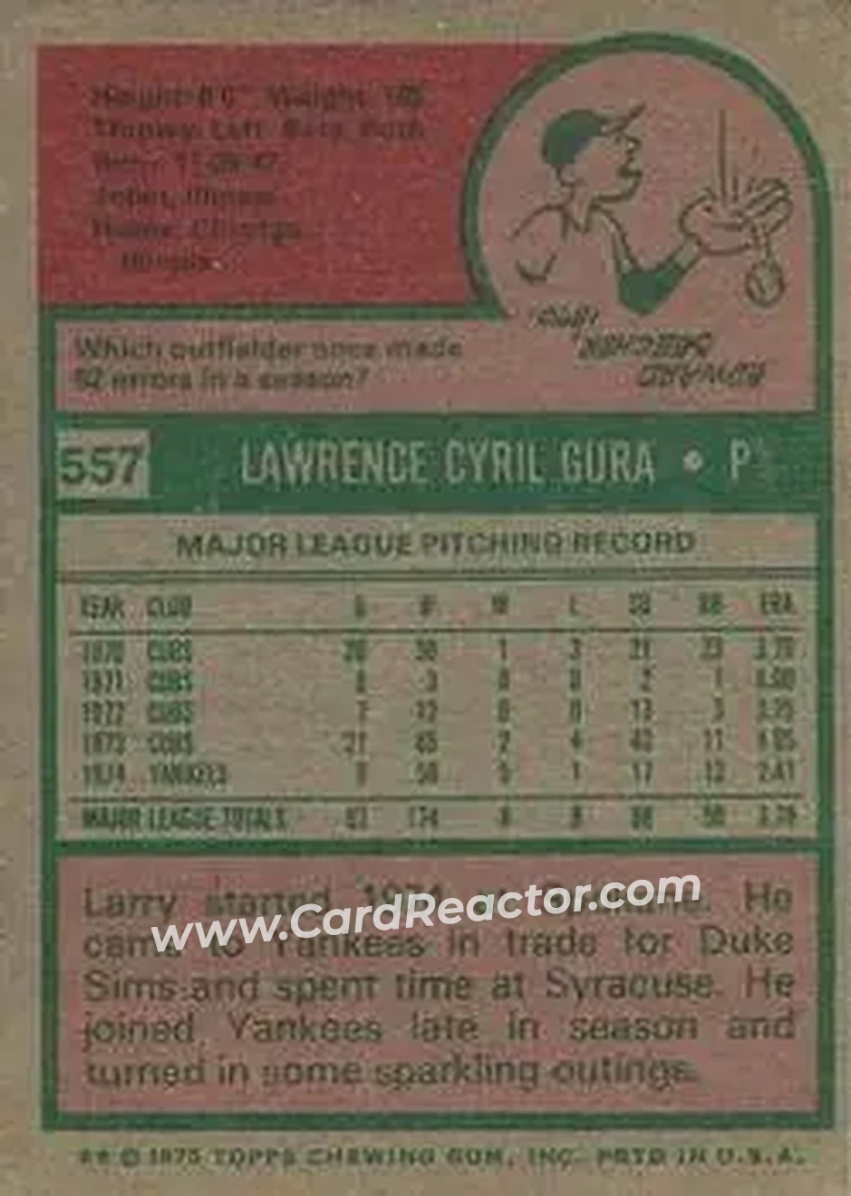 1975 Topps #557 - Larry Gura - New York Yankees - Back 1975 Topps #557 - Larry Gura - New York Yankees - Back
