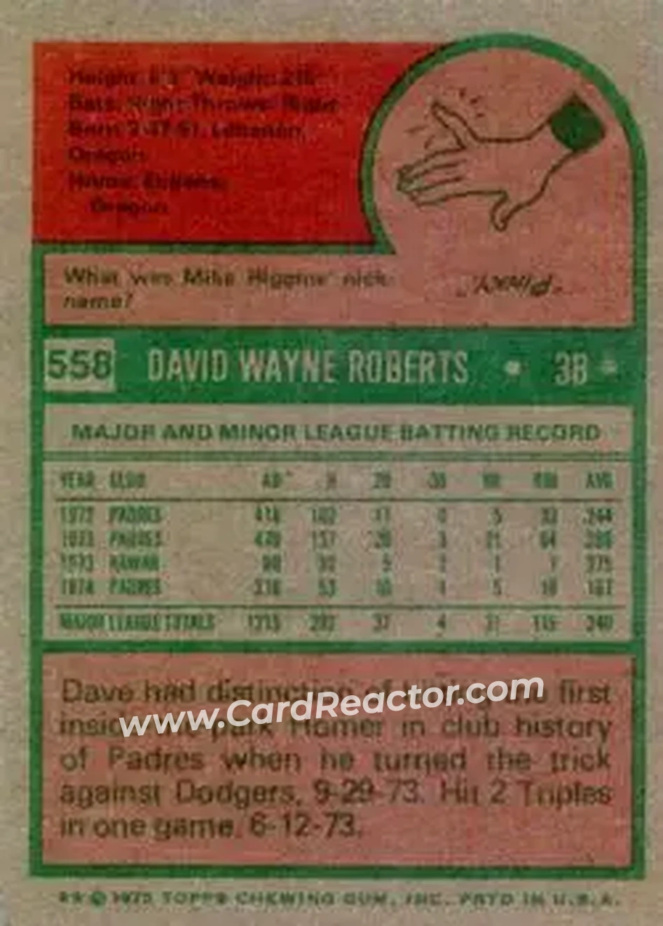 1975 Topps #558 - Dave Roberts - San Diego Padres - Back