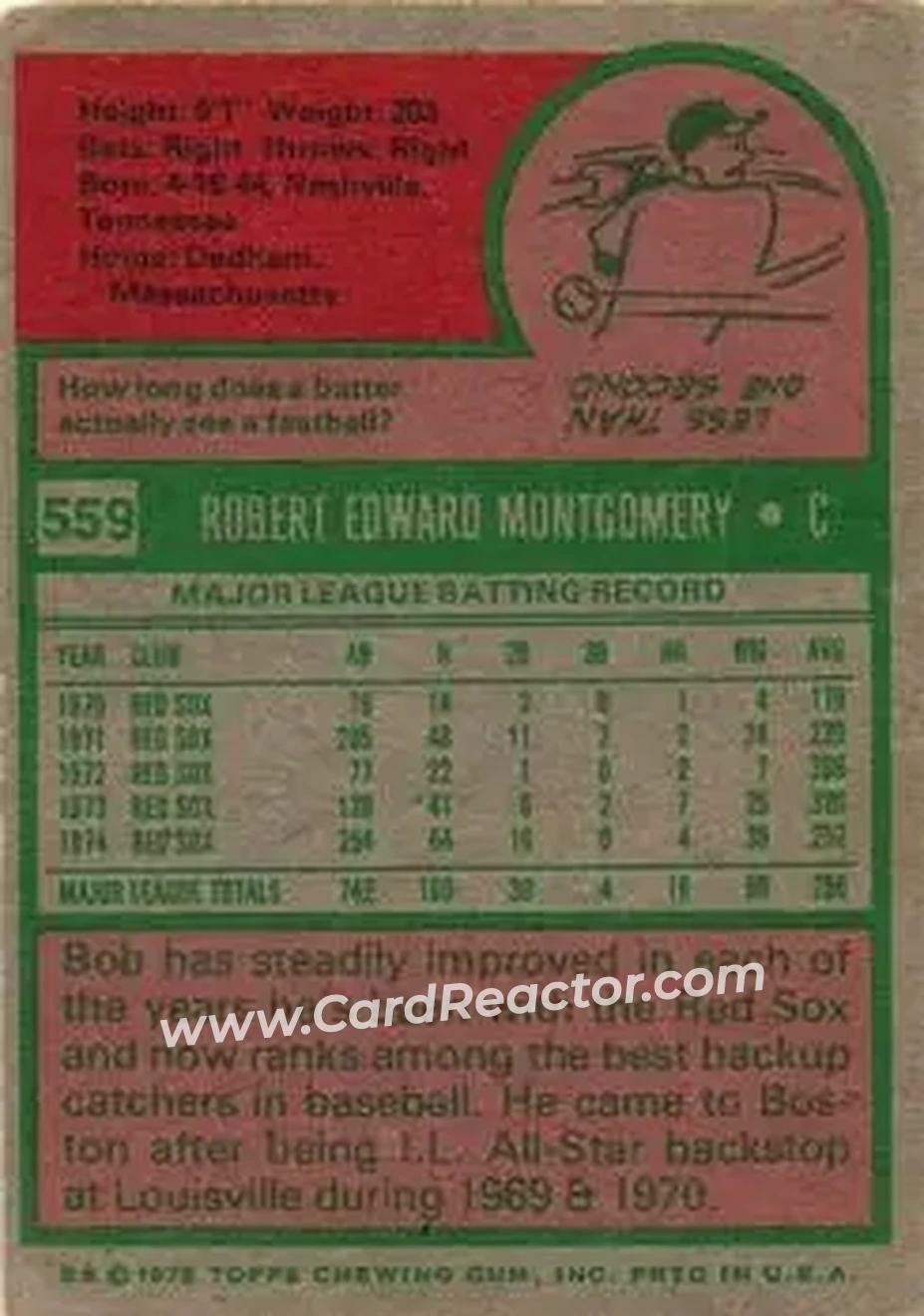 1975 Topps #559 - Bob Montgomery - Boston Red Sox - Back
