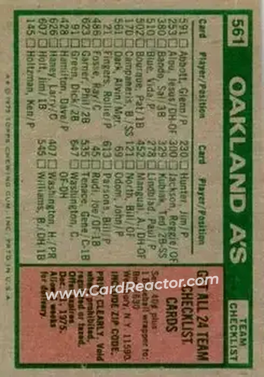 1975 Topps #561 - Card #561 - Oakland Athletics - Back 1975 Topps #561 - Card #561 - Oakland Athletics - Back
