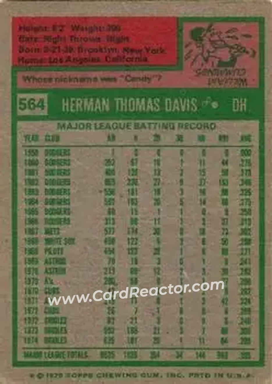 1975 Topps #564 - Tommy Davis - Baltimore Orioles - Back 1975 Topps #564 - Tommy Davis - Baltimore Orioles - Back
