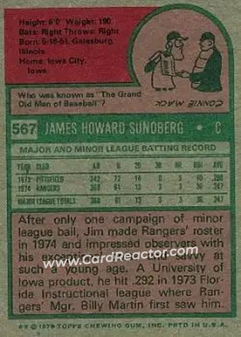 1975 Topps #567 - Jim Sundberg - Texas Rangers - Back