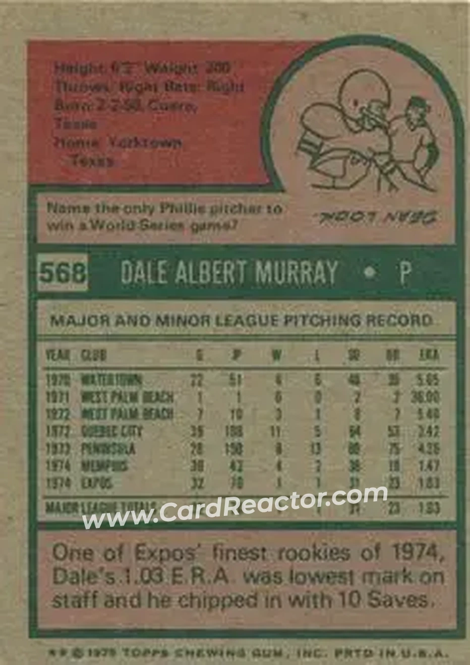 1975 Topps #568 - Dale Murray - Montreal Expos - Back