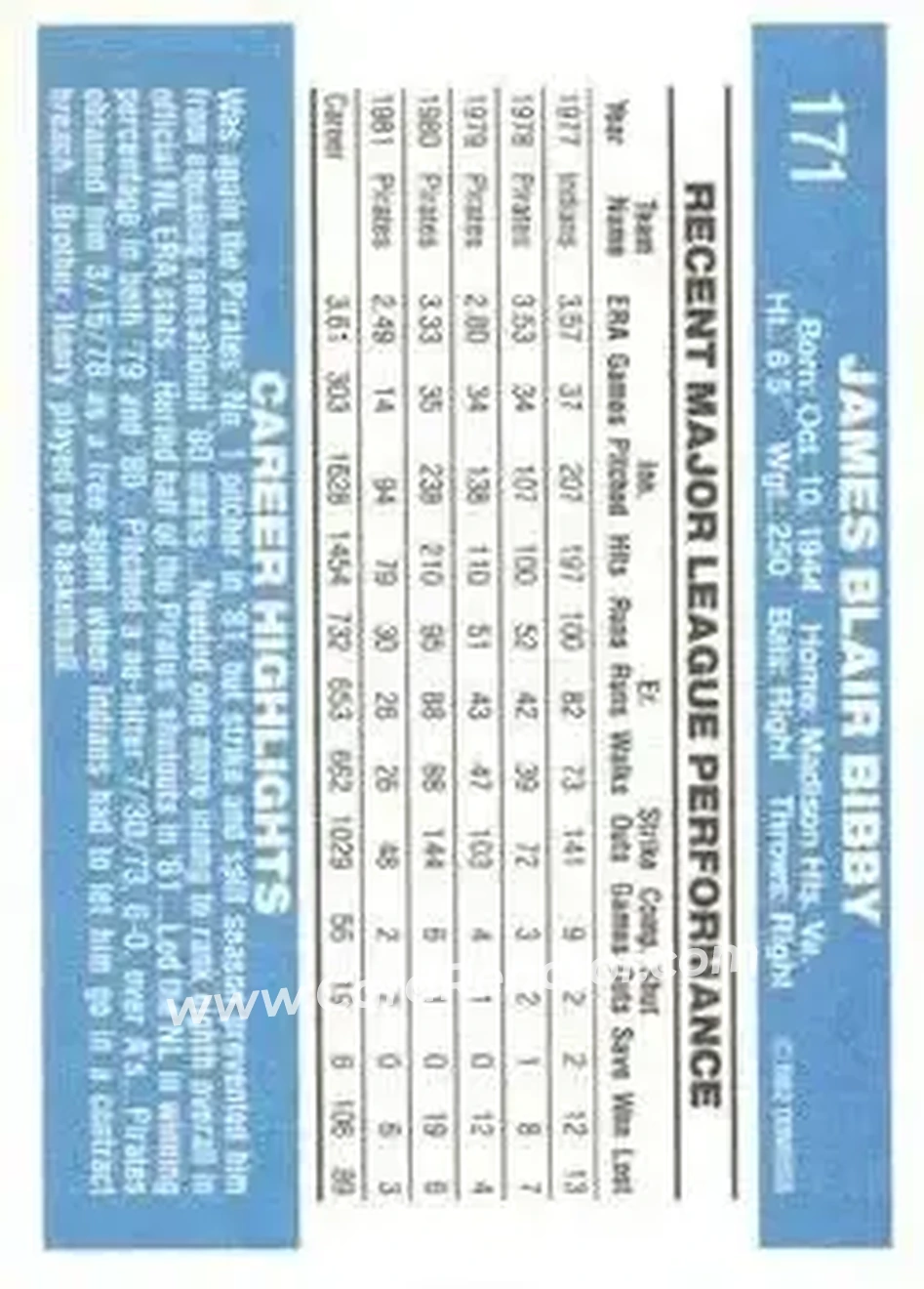 1982 Donruss #171 - Jim Bibby - Pittsburgh Pirates - Back