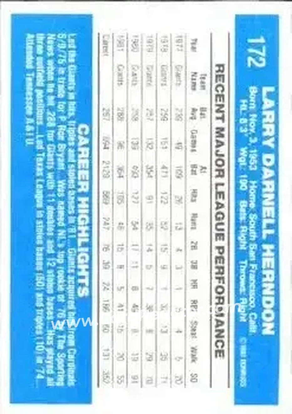 1982 Donruss #172 - Larry Herndon - San Francisco Giants - Back