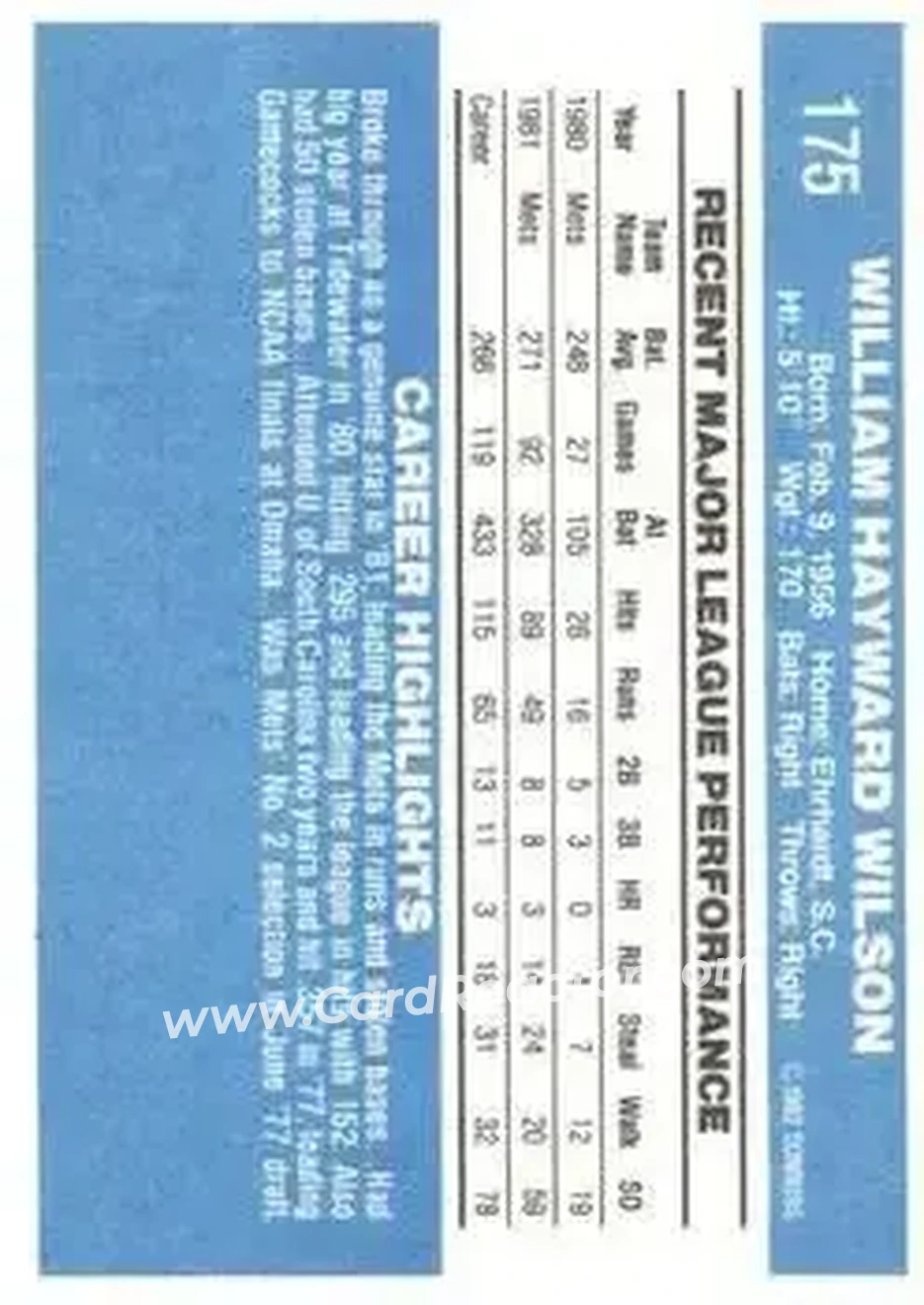 1982 Donruss #175 - Mookie Wilson - New York Mets - Back 1982 Donruss #175 - Mookie Wilson - New York Mets - Back