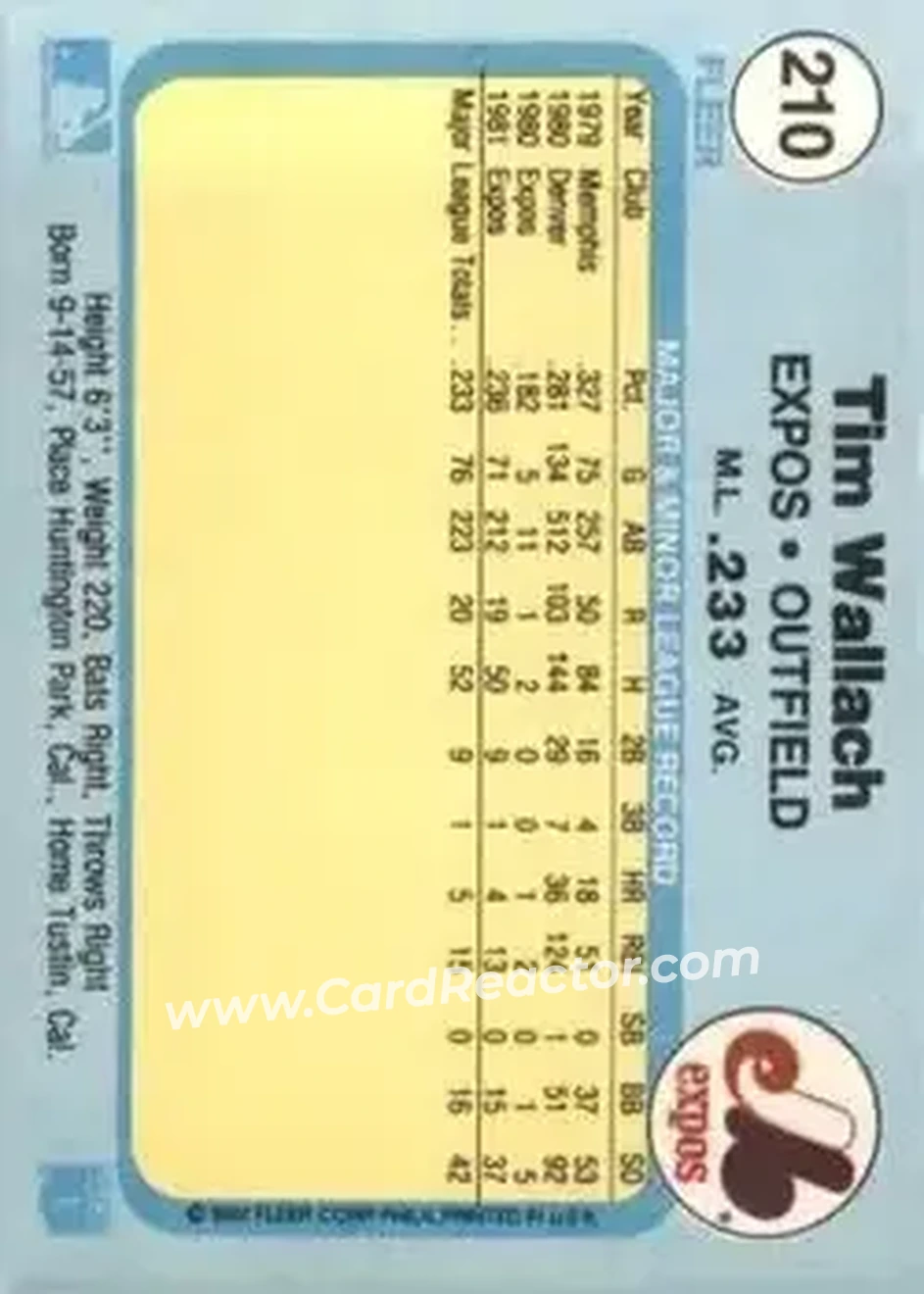 1982 Fleer #210 - Tim Wallach - Montreal Expos - Back