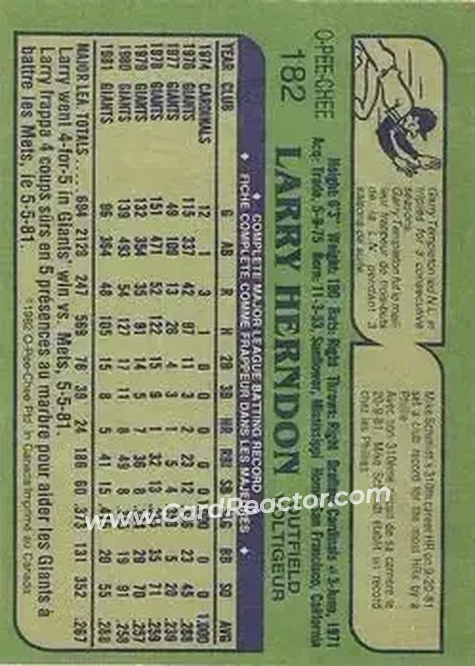 1982 O-Pee-Chee #182 - Larry Herndon - Detroit Tigers - Back 1982 O-Pee-Chee #182 - Larry Herndon - Detroit Tigers - Back