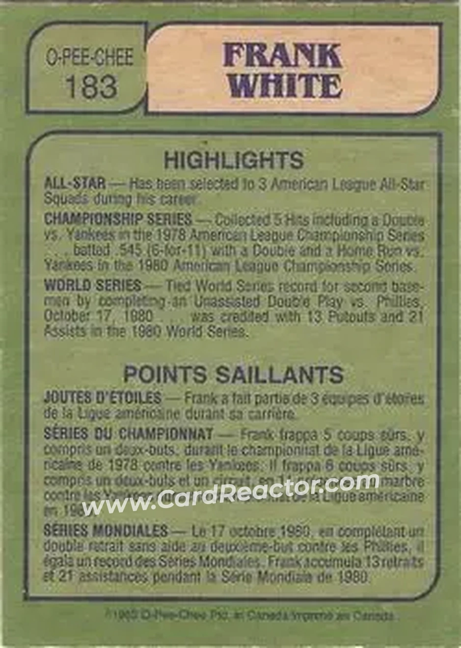 1982 O-Pee-Chee #183 - Frank White - Kansas City Royals - Back