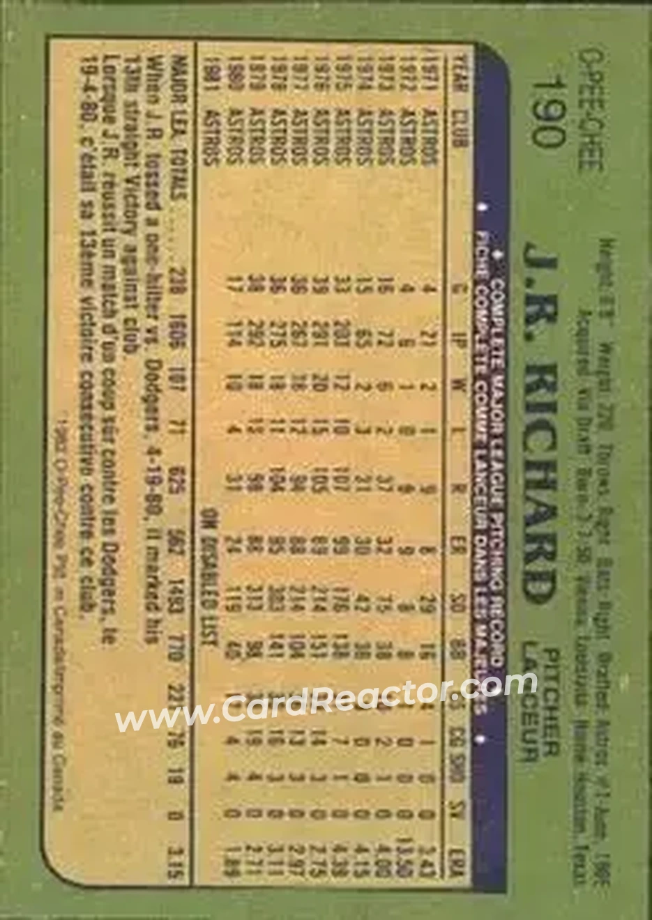 1982 O-Pee-Chee #190 - J.R. Richard - Houston Astros - Back