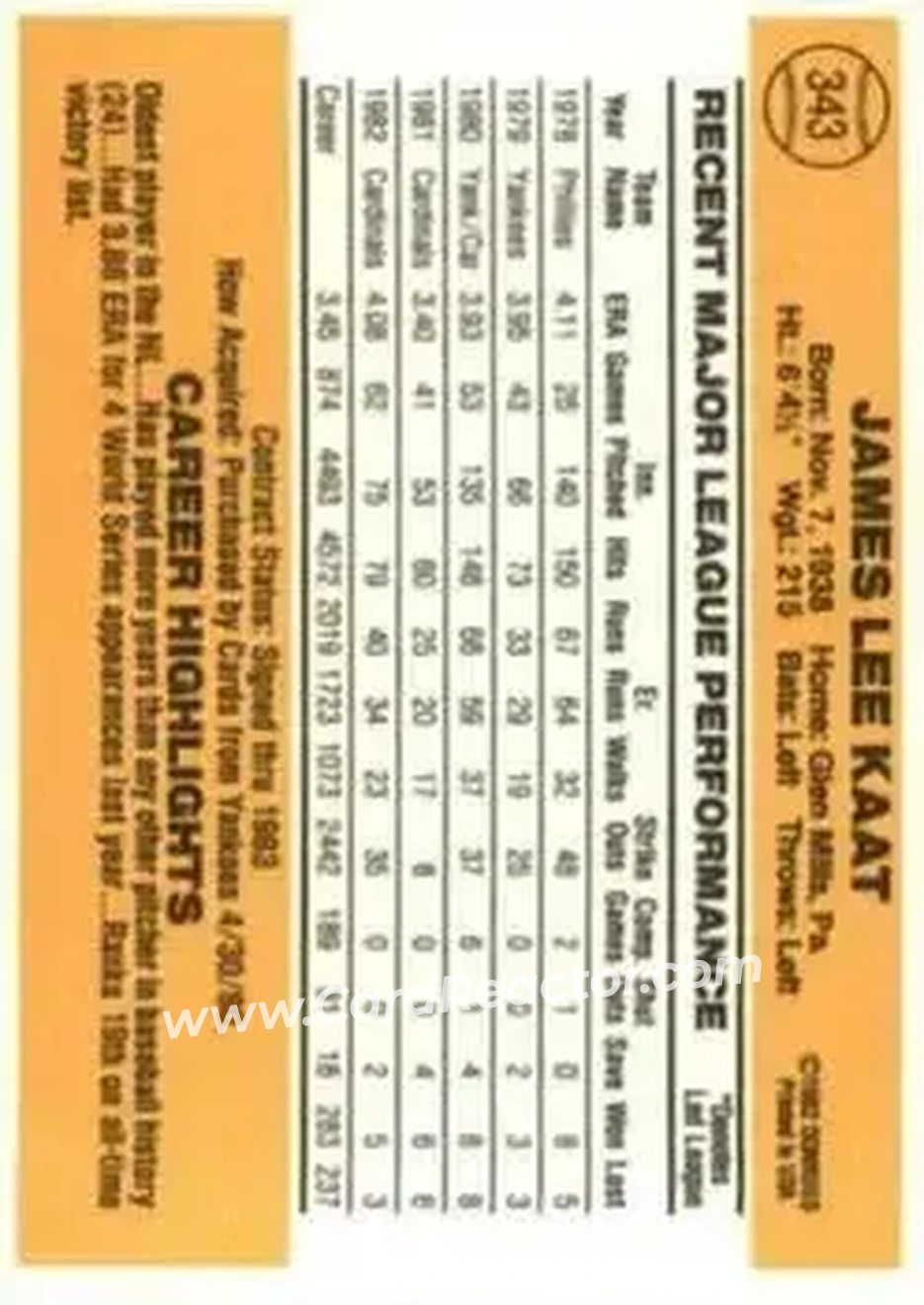 1983 Donruss #343 - Jim Kaat - St. Louis Cardinals - Back 1983 Donruss #343 - Jim Kaat - St. Louis Cardinals - Back