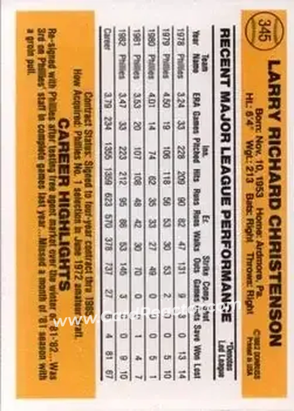 1983 Donruss #345 - Larry Christenson - Philadelphia Phillies - Back